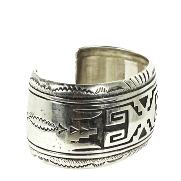 THOMAS SINGER NAVAJO Sterling Silver Rug Pattern Wide Cuff Bracelet 65gr - Picture 4 of 10